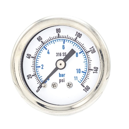 Pro 1 1/2 in Dial, 0/160 PSI & Bar, 1/8 in NPT, Back Mount Dry/Fillable Pressure Gauge PRO-302D-158F-01